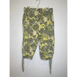 Sigrid Olsen Floral Lightweight Crop Capri Pant Sz 8 Cotton Leg Tie Green Cotton